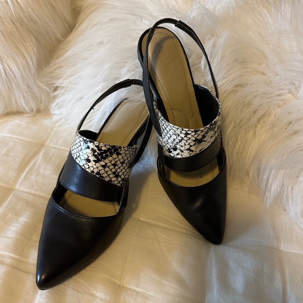 Ellen Tracy Black and Snake Print Bello Leather Sling Back Heels Cut Out Size 7 - Picture 7 of 16